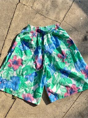 Vintage Floral Elastic-Waist Tropical Culotte Long Wide Leg Shorts Small